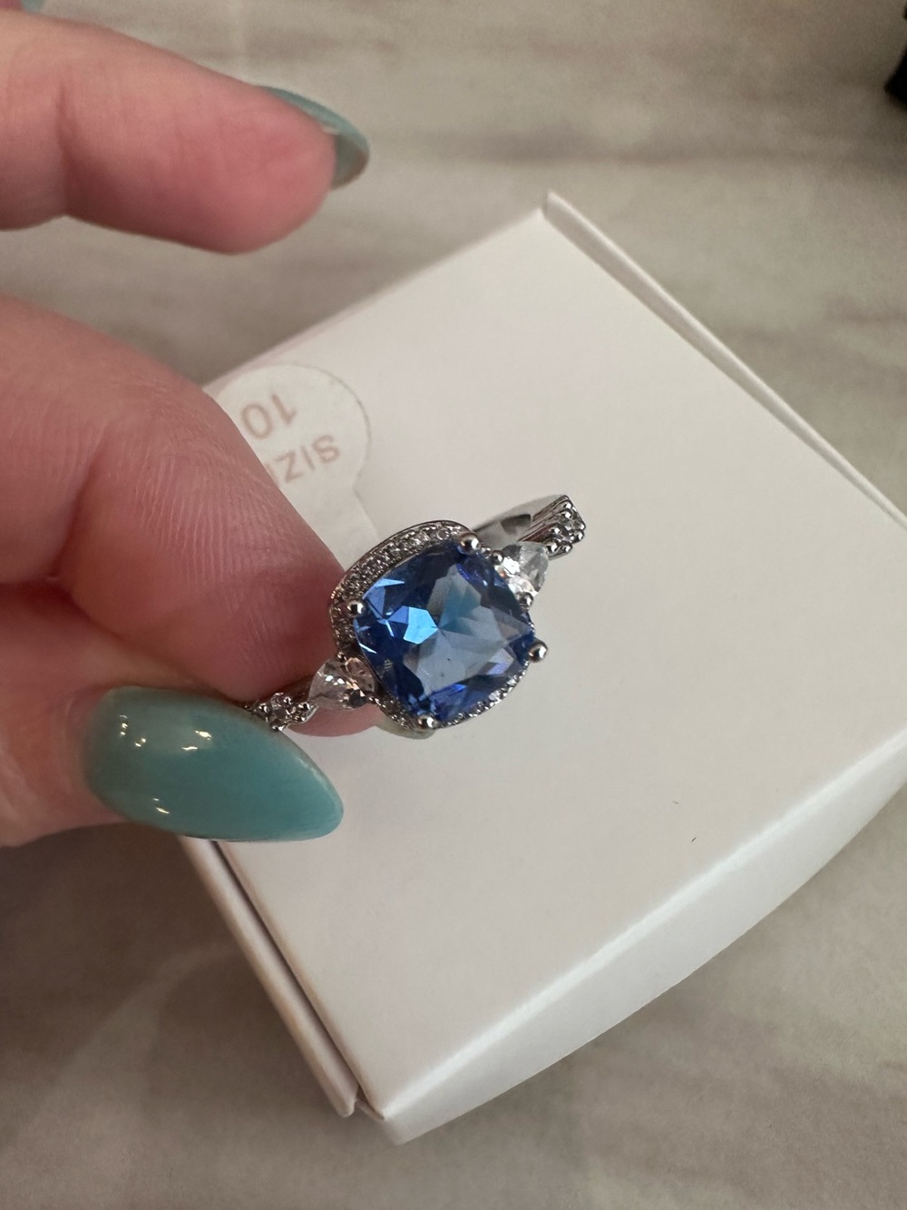 Blue Purple Lab Tanzanite Cushion Gemstone on Silver ring side CZ Jewelry